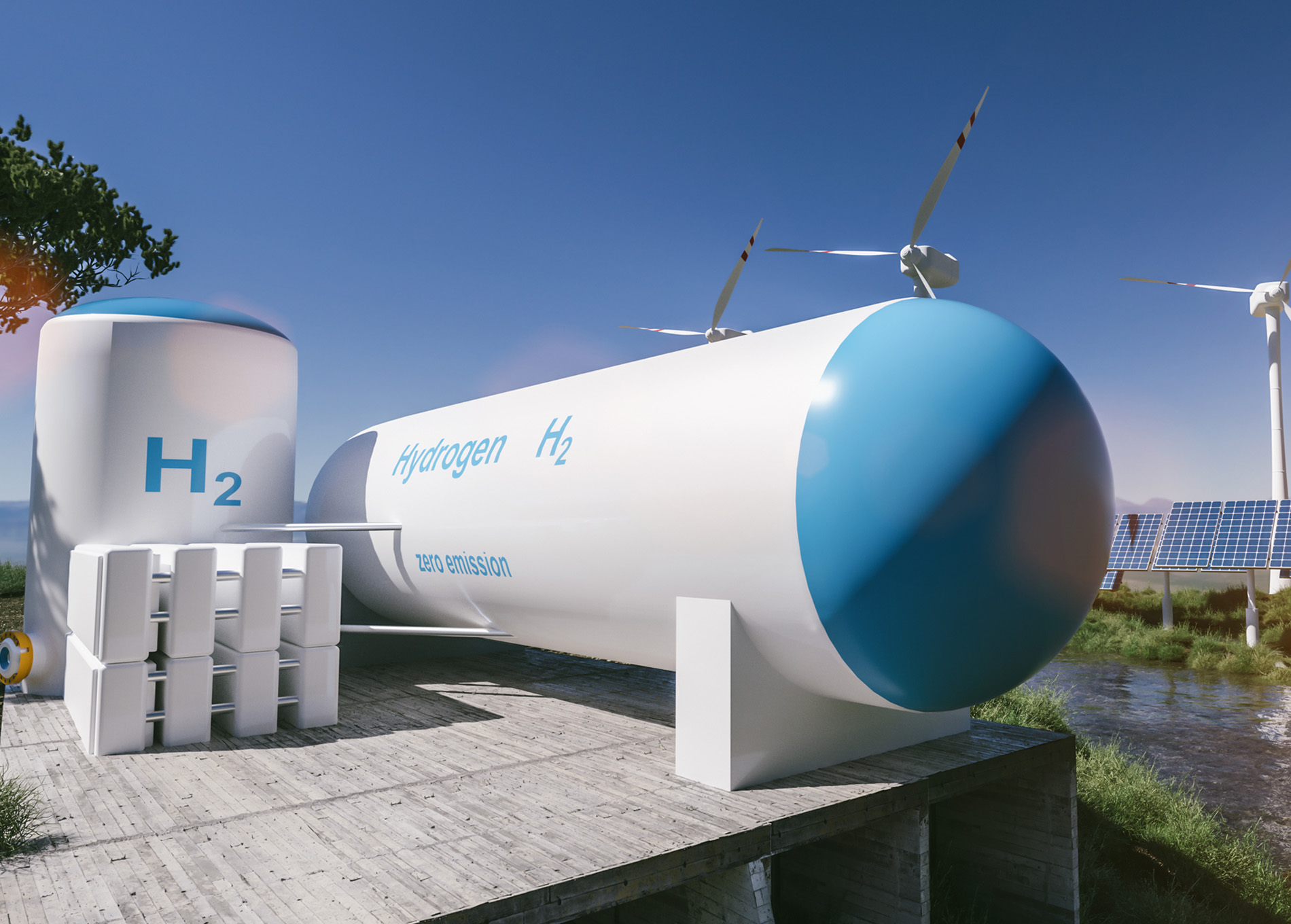 photo of h2 tanks, wind mills, and solar panels